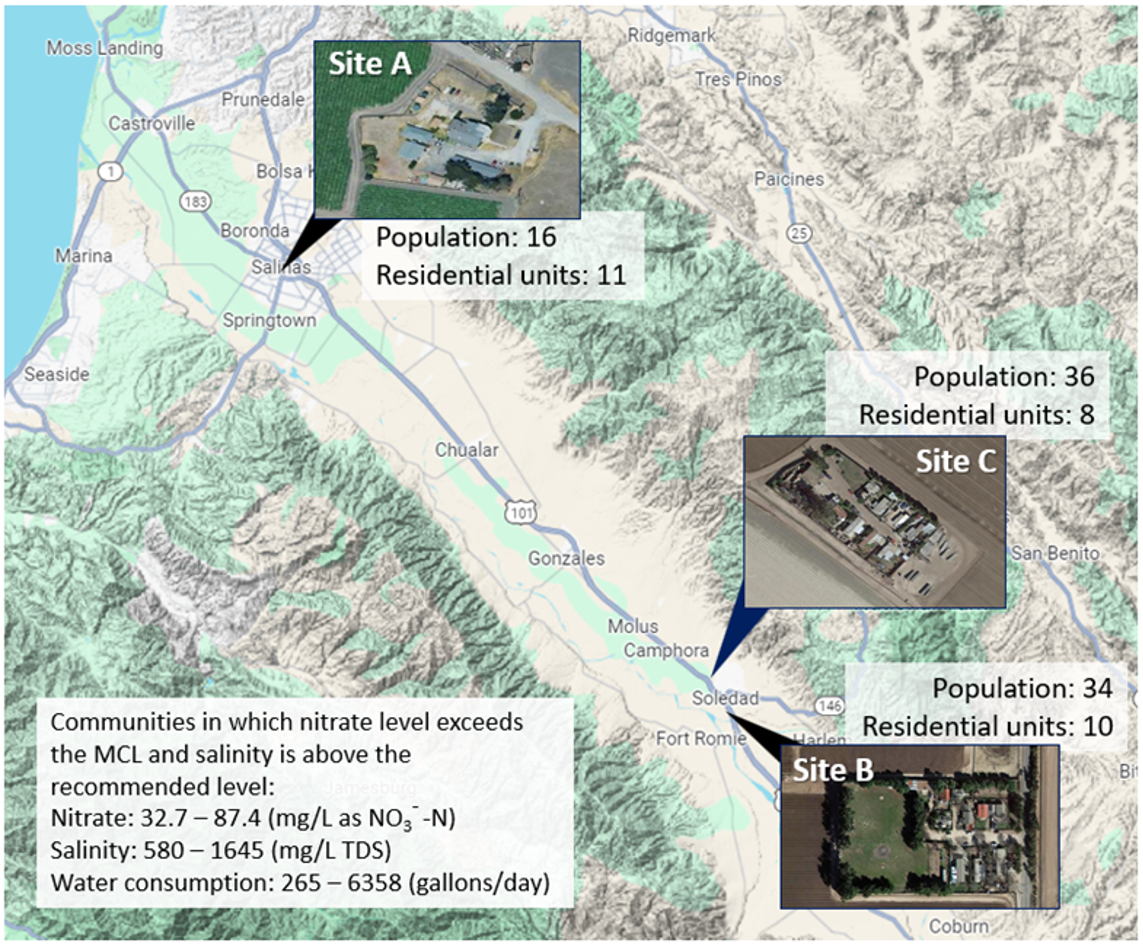 Map of the three pilot sites in the Salinas Valley, each marked with an inset photo and its population and number of residential units